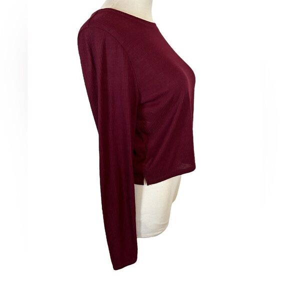 Divided Burgundy Long Sleeve Longer Crop Top Crew Neck Basic Dark Fall Winter - Picture 3 of 4